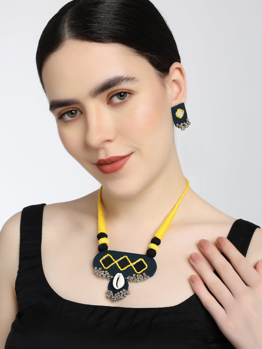 Mirror Magic: Yellow Cowrie Handmade Necklace & Earrings