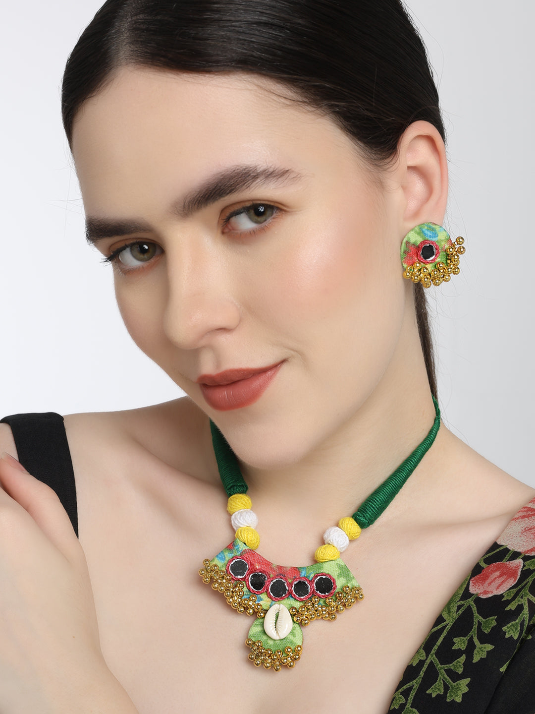Boho Bloom: Green Floral Handmade Necklace & Earrings