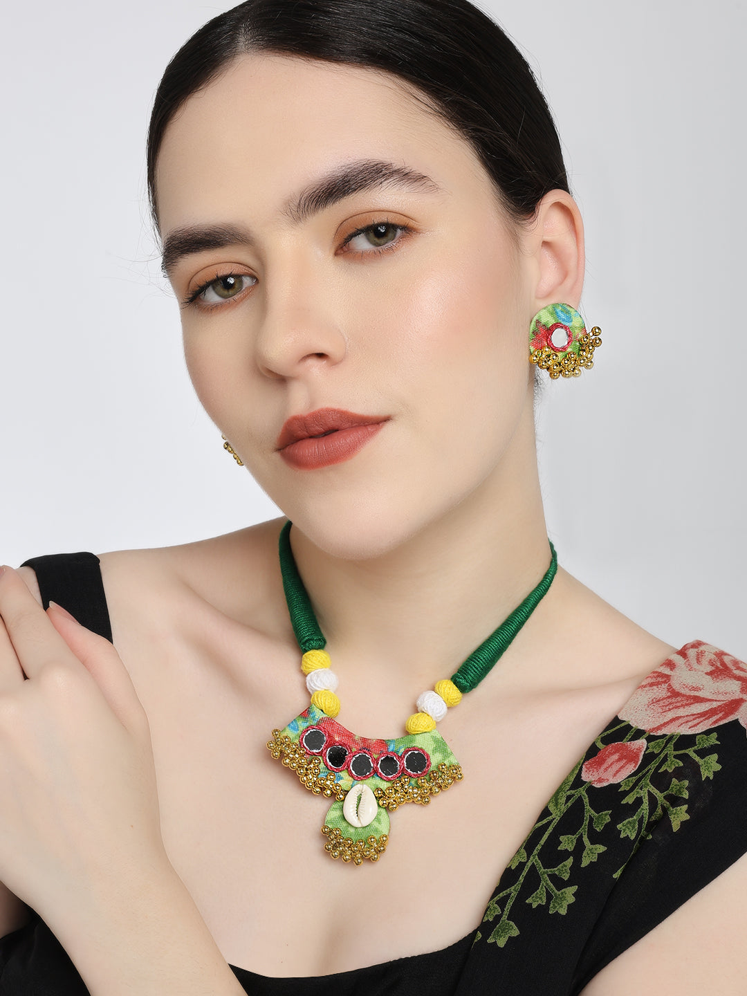 Boho Bloom: Green Floral Handmade Necklace & Earrings