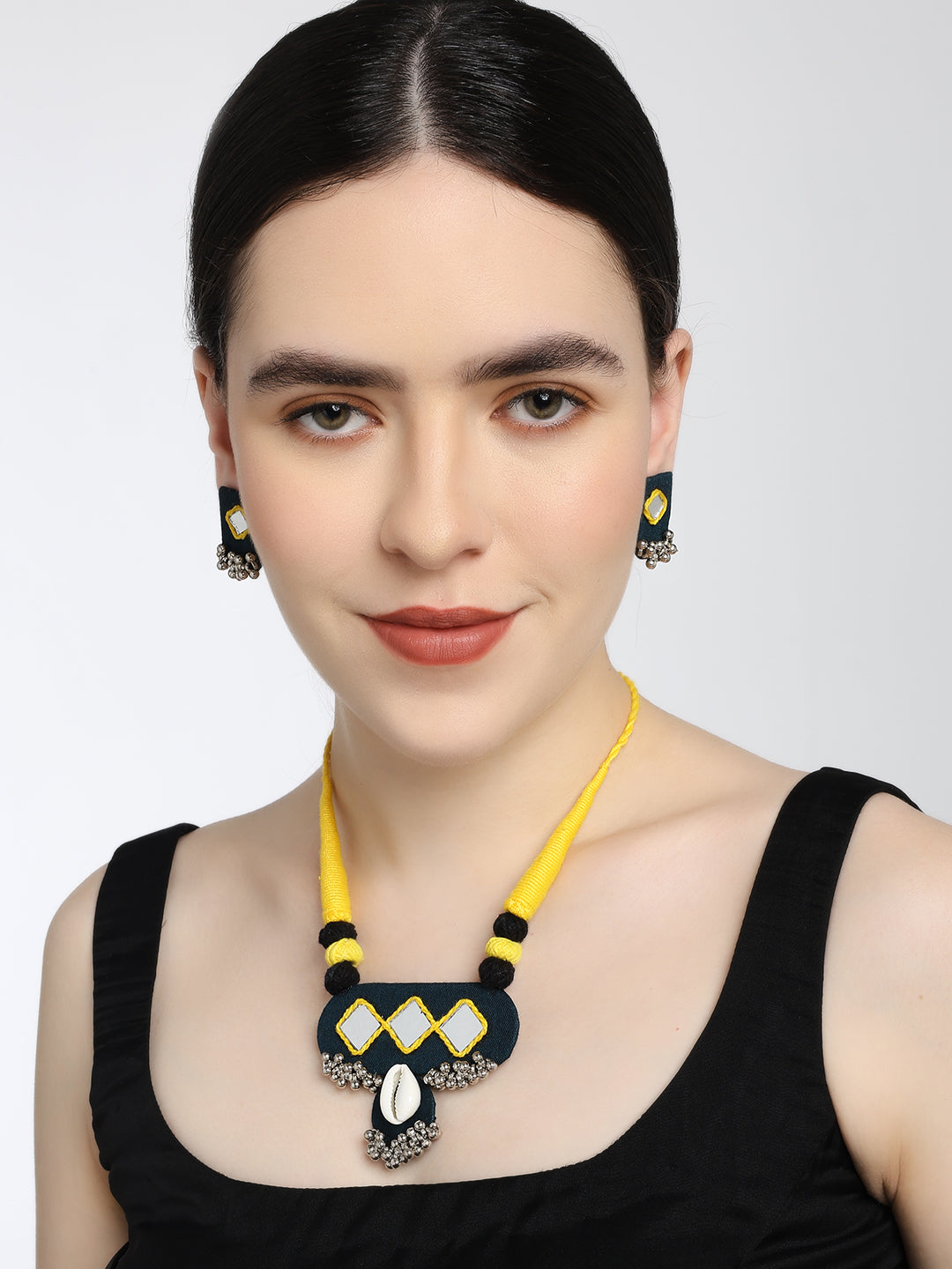 Mirror Magic: Yellow Cowrie Handmade Necklace & Earrings