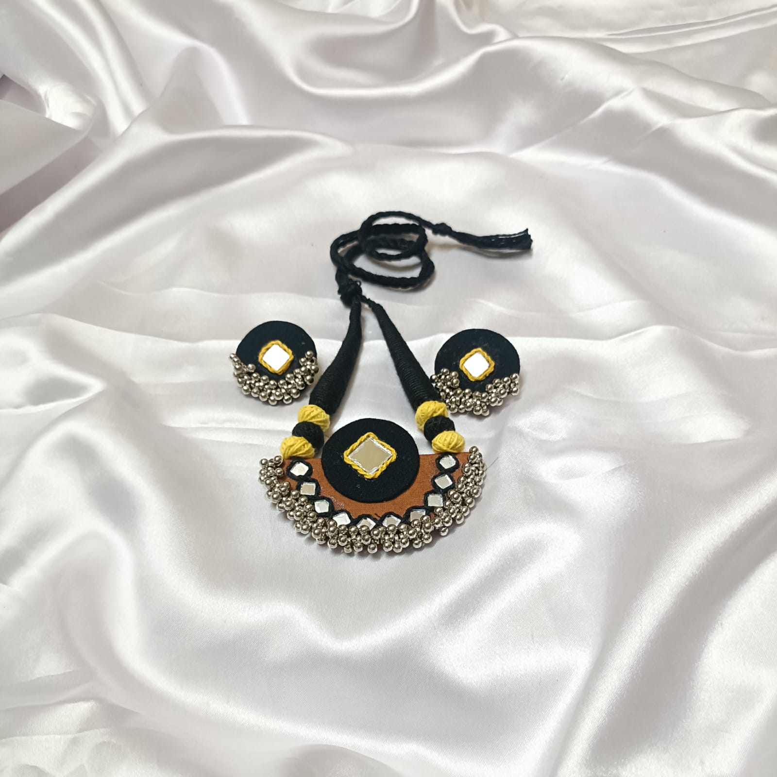 Golden Aura: Handmade Mirror Necklace & Earrings Set